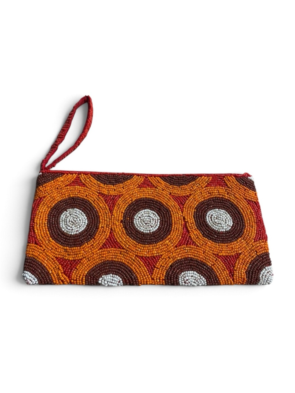 Multicolor Glass Beaded Clutch Bag – Geometric Pattern – Red, Orange & Brown